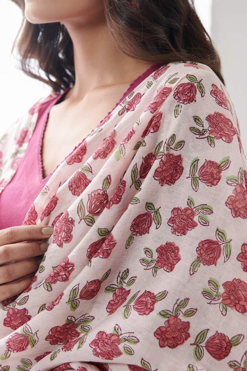 White Hand Block Printed Cotton Mul Dupatta