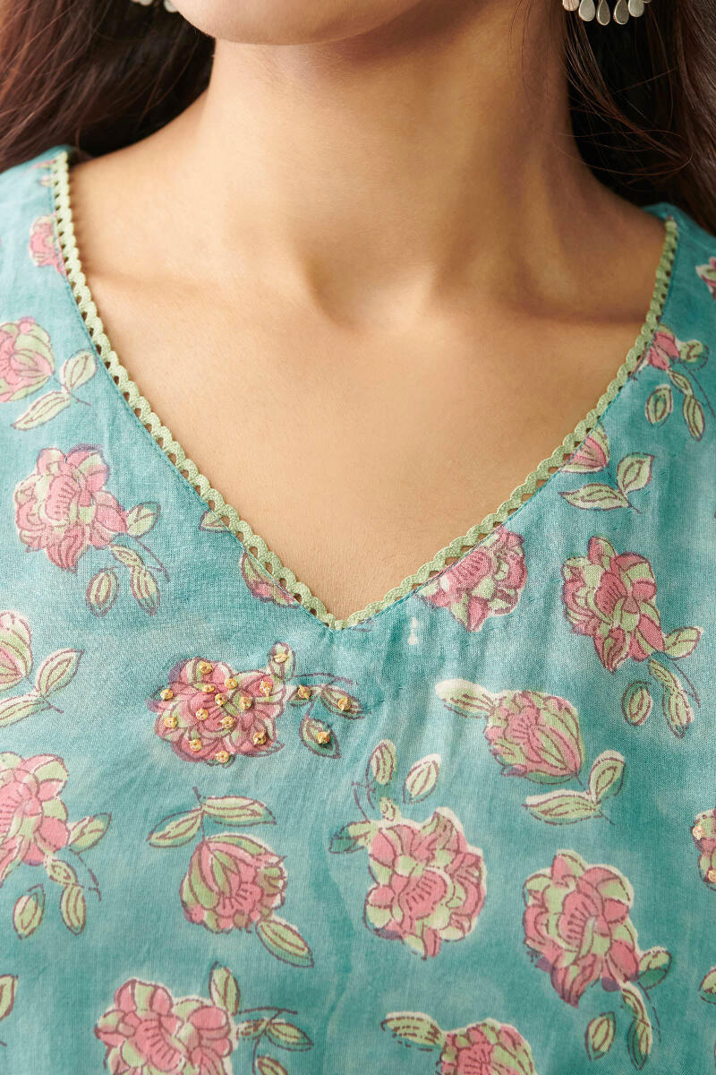Blue Hand Block Printed A-Line Cotton Kurta