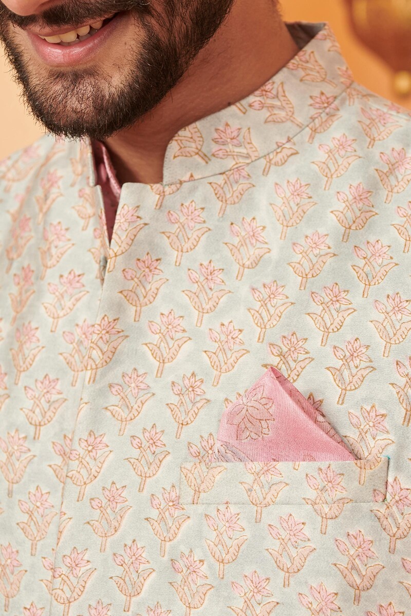 Blue Hand Block Printed Chanderi Nehru Jacket