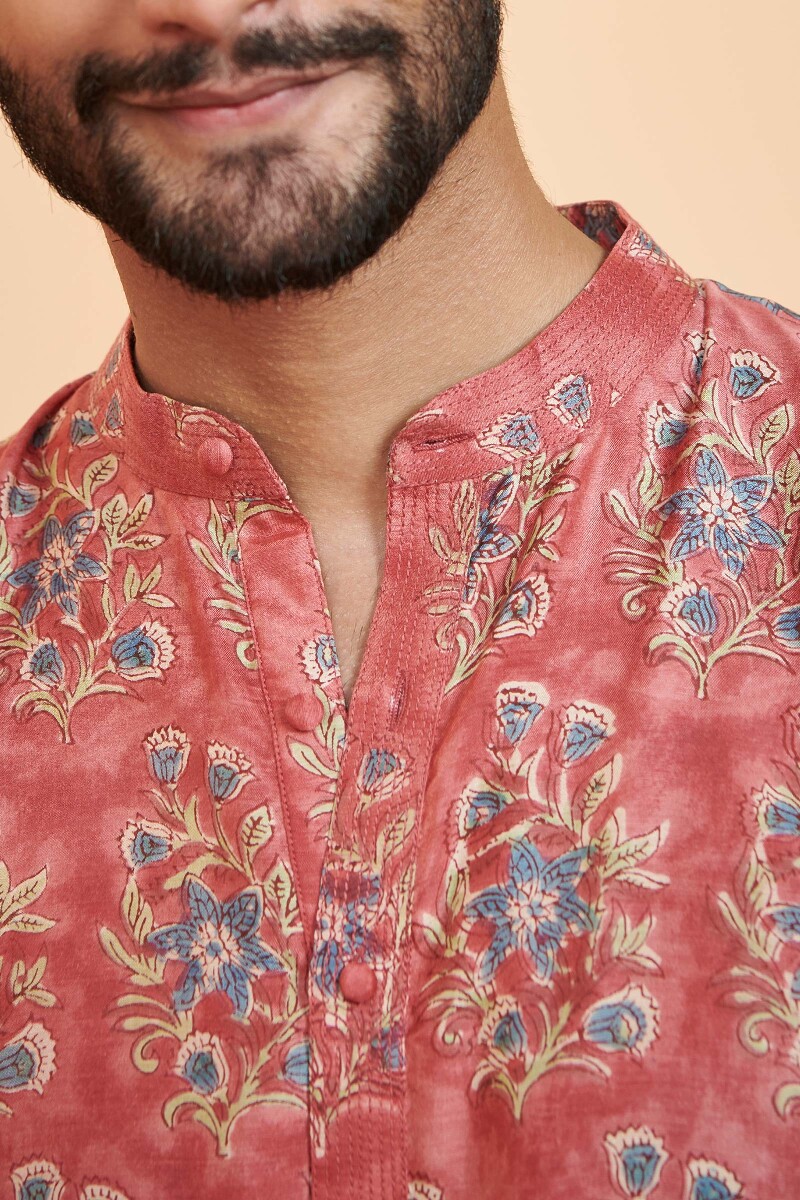 Red Hand Block Printed Modal Kurta