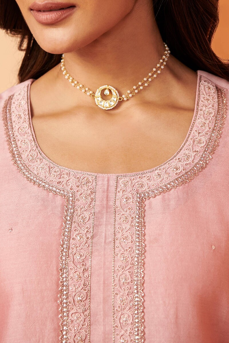 Pink Handcrafted Straight Chanderi Kurta