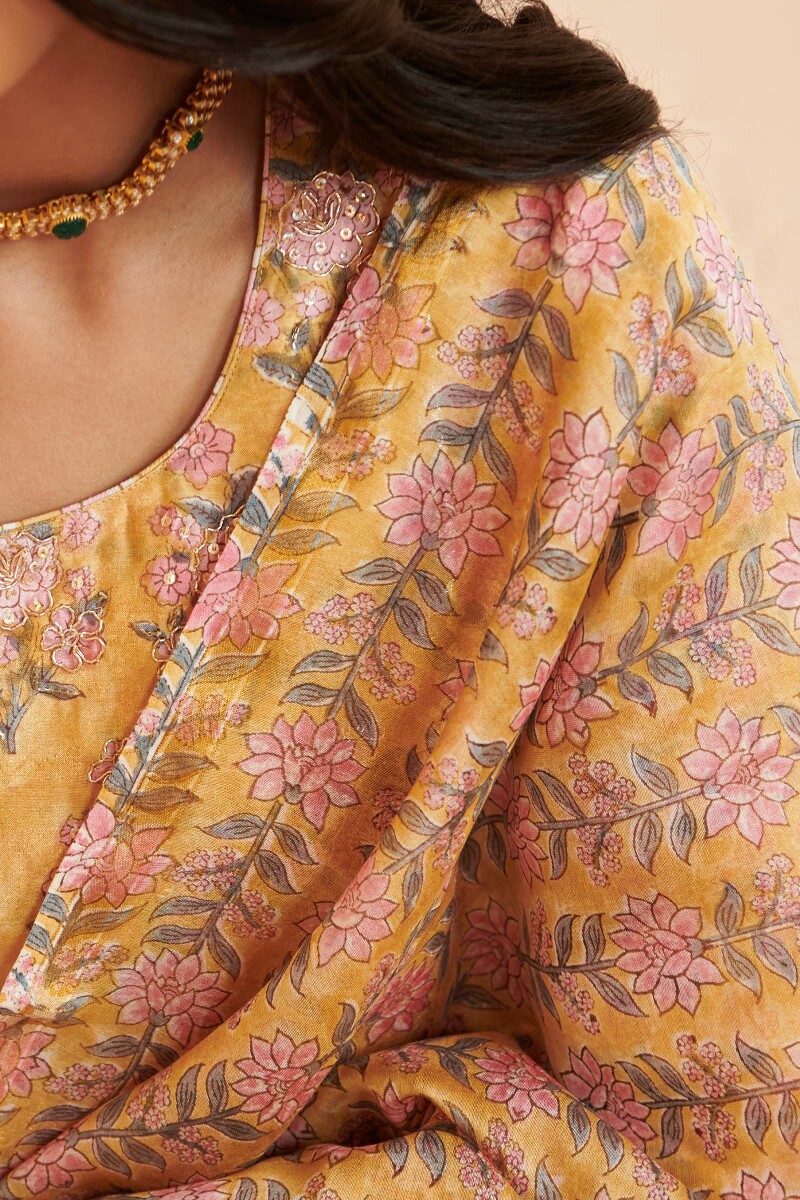 Yellow Hand Block Printed Chanderi Dupatta