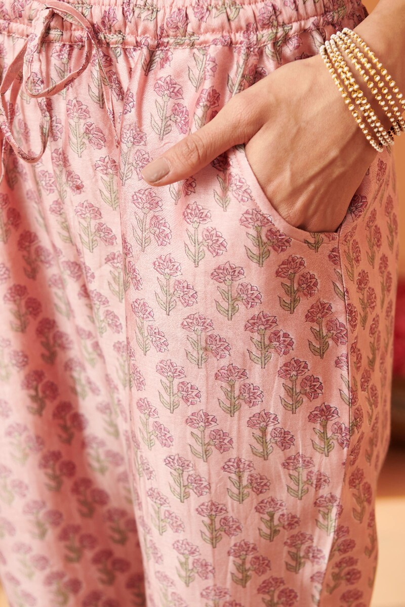 Pink Hand Block Printed Chanderi Narrow Pants