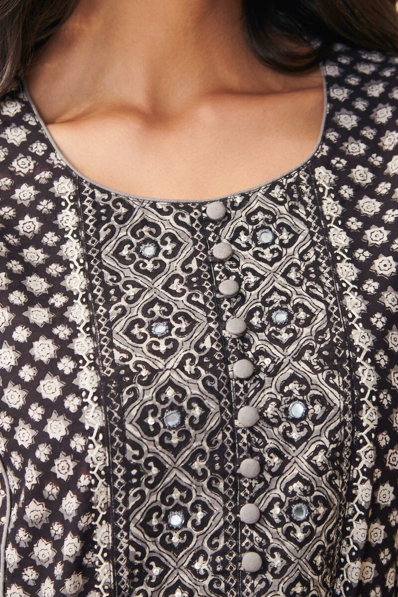 Black Hand Block Printed Straight Cotton Kurta