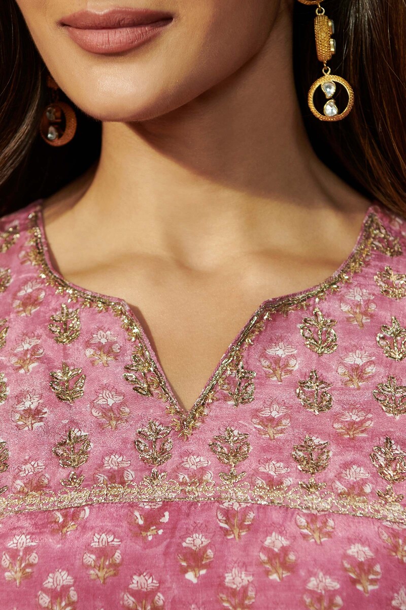 Purple Hand Block Printed A-Line Silky Modal Kurta