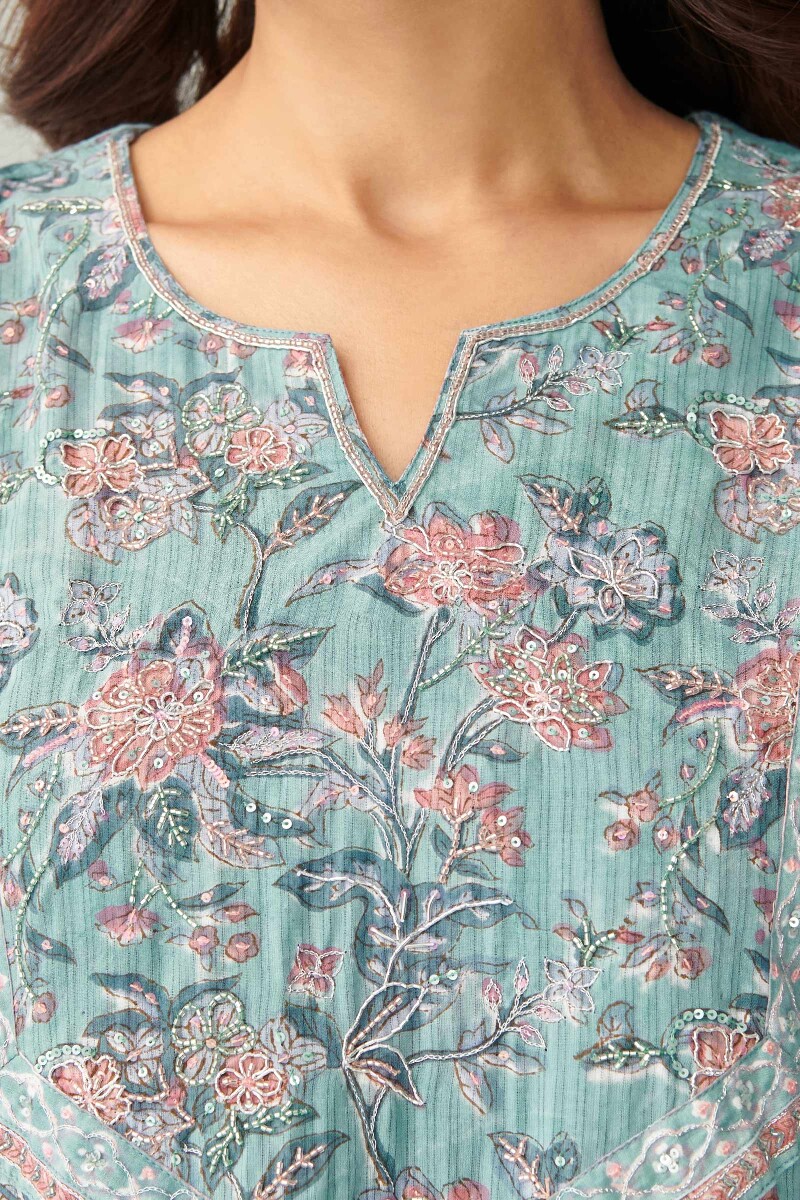 Blue Hand Block Printed A-Line Cotton Kurta