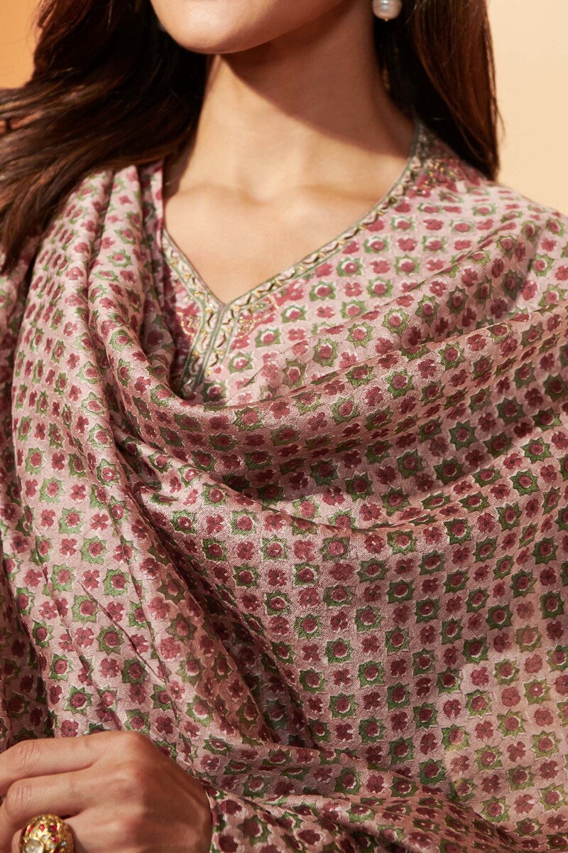 Pink Hand Block Printed Chanderi Dupatta