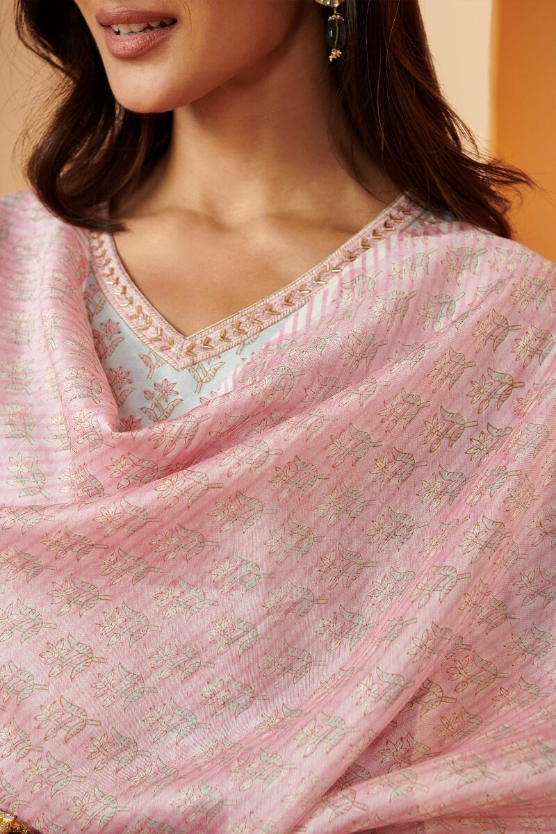 Pink Hand Block Printed Chanderi Dupatta