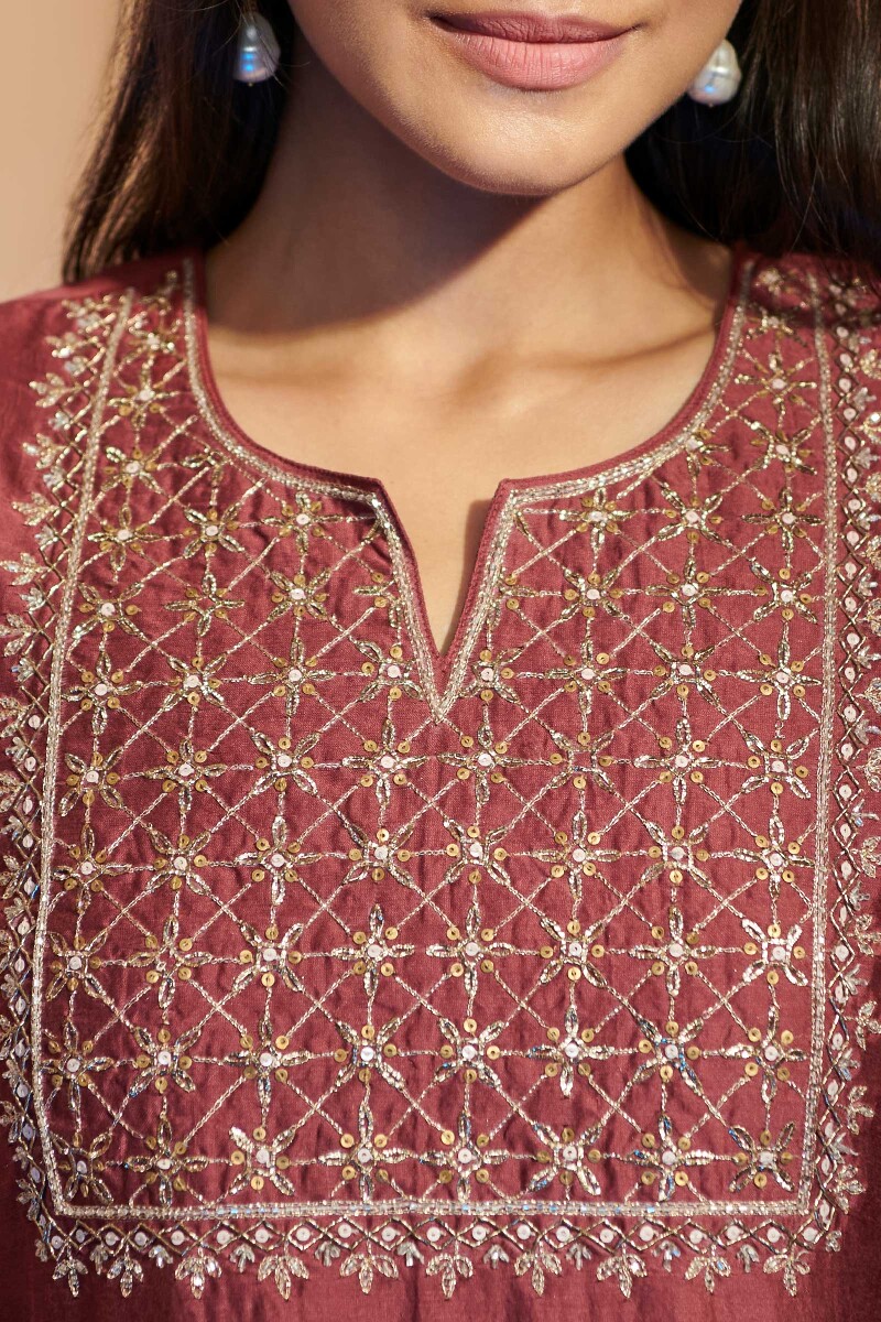 Maroon Handcrafted Straight Chanderi Kurta