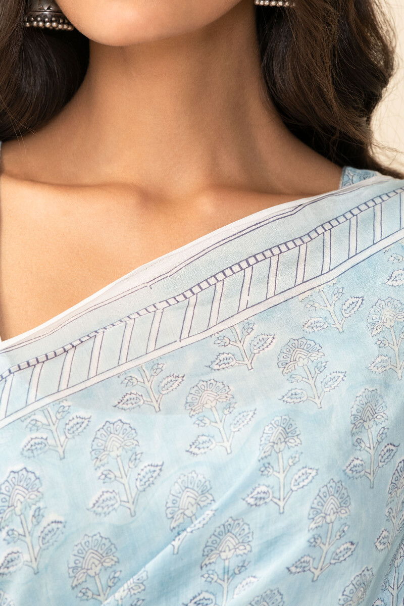 Blue Hand Block Printed Cotton Silk Saree