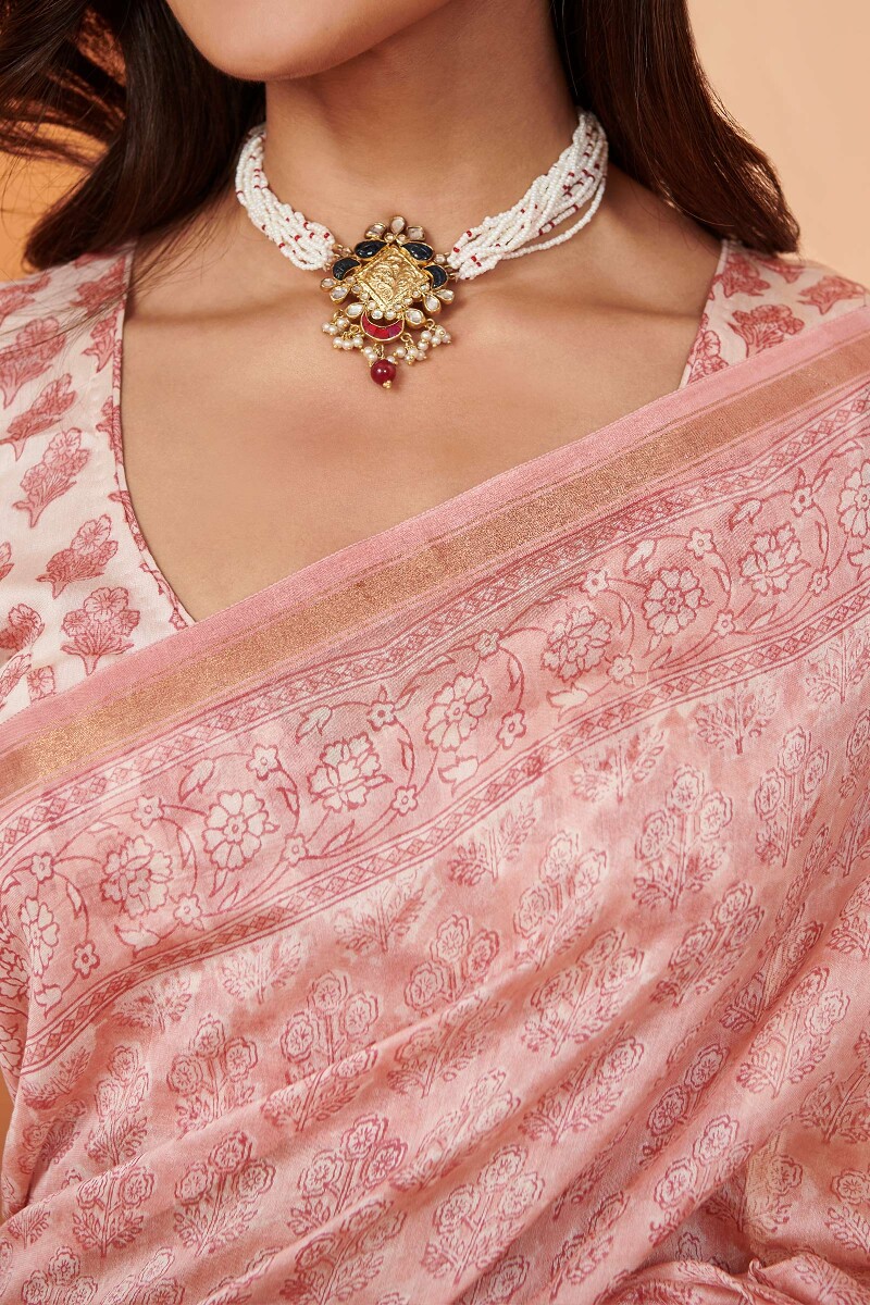 Pink Hand Block Printed Chanderi Saree