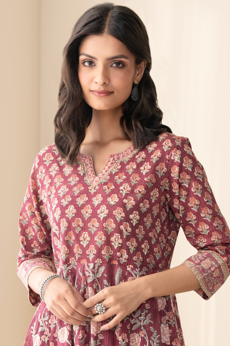 Maroon Hand Block Printed Anarkali Cotton Kurta