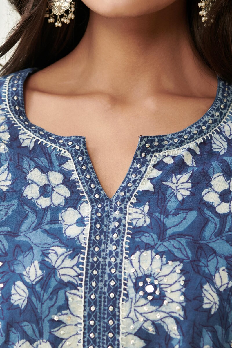 Indigo Hand Block Printed Straight Cotton Kurta