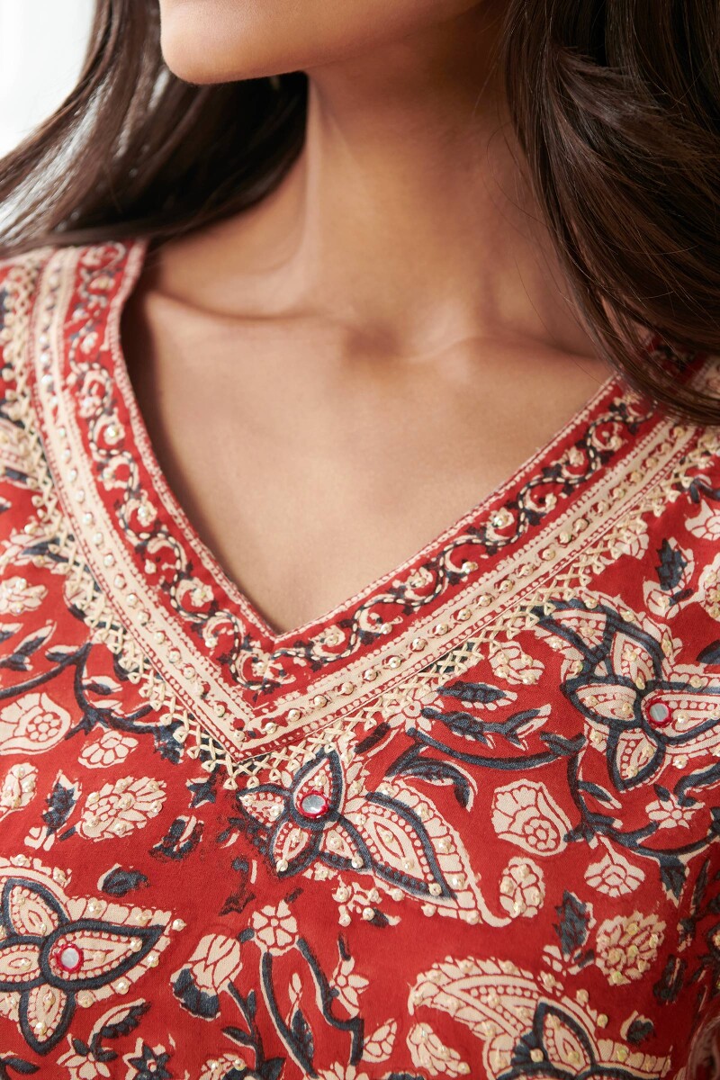 Red Hand Block Printed Straight Modal Kurta