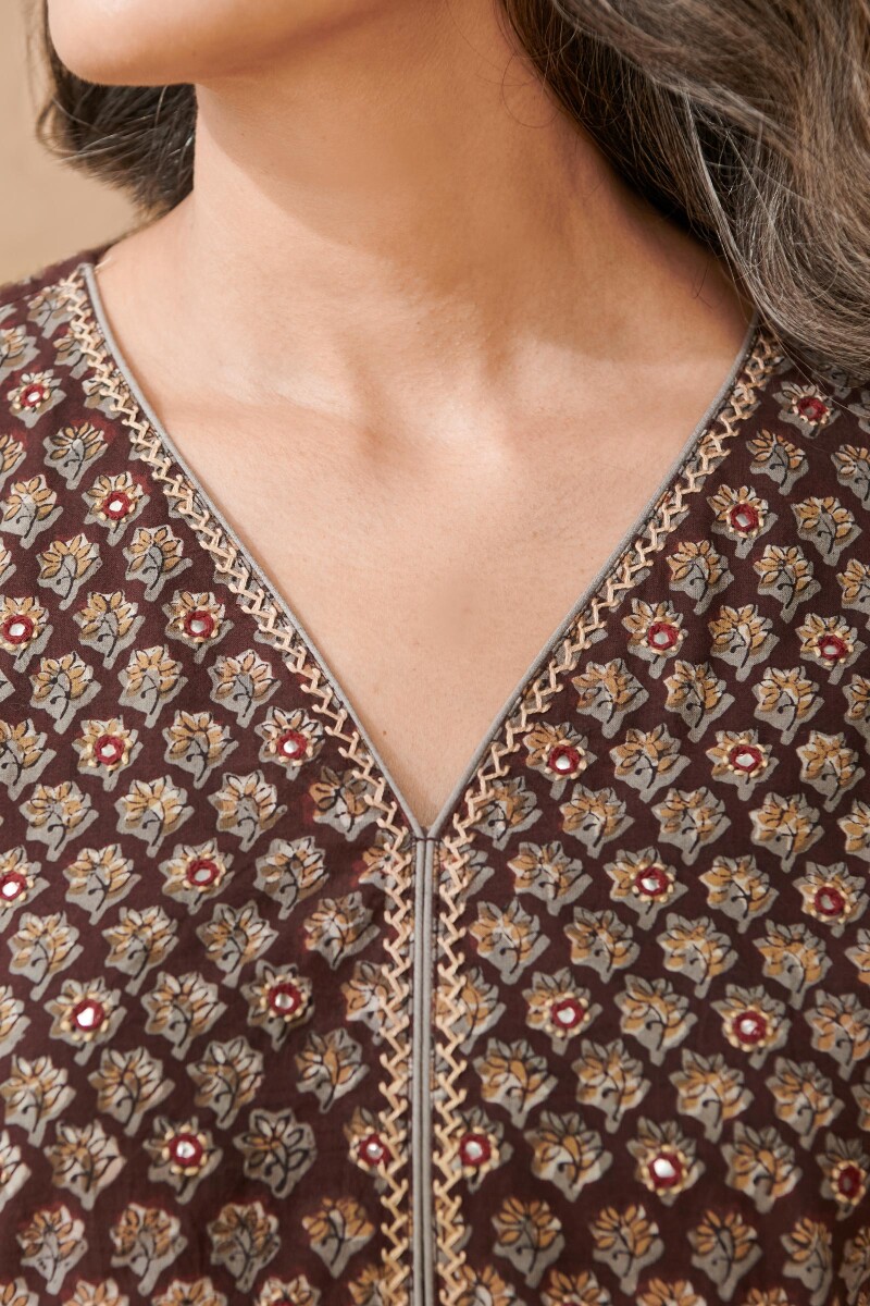 Brown Hand Block Printed A-Line Cotton Kurta
