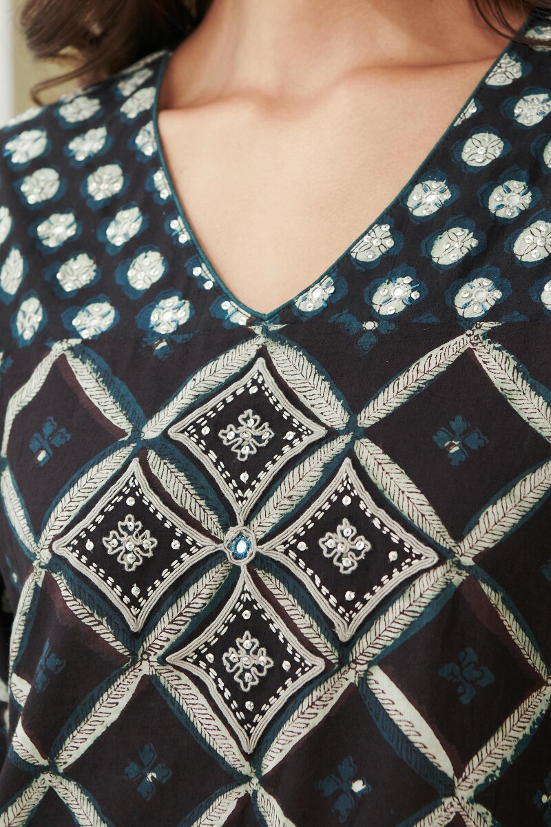 Black Hand Block Printed Straight Cotton Kurta