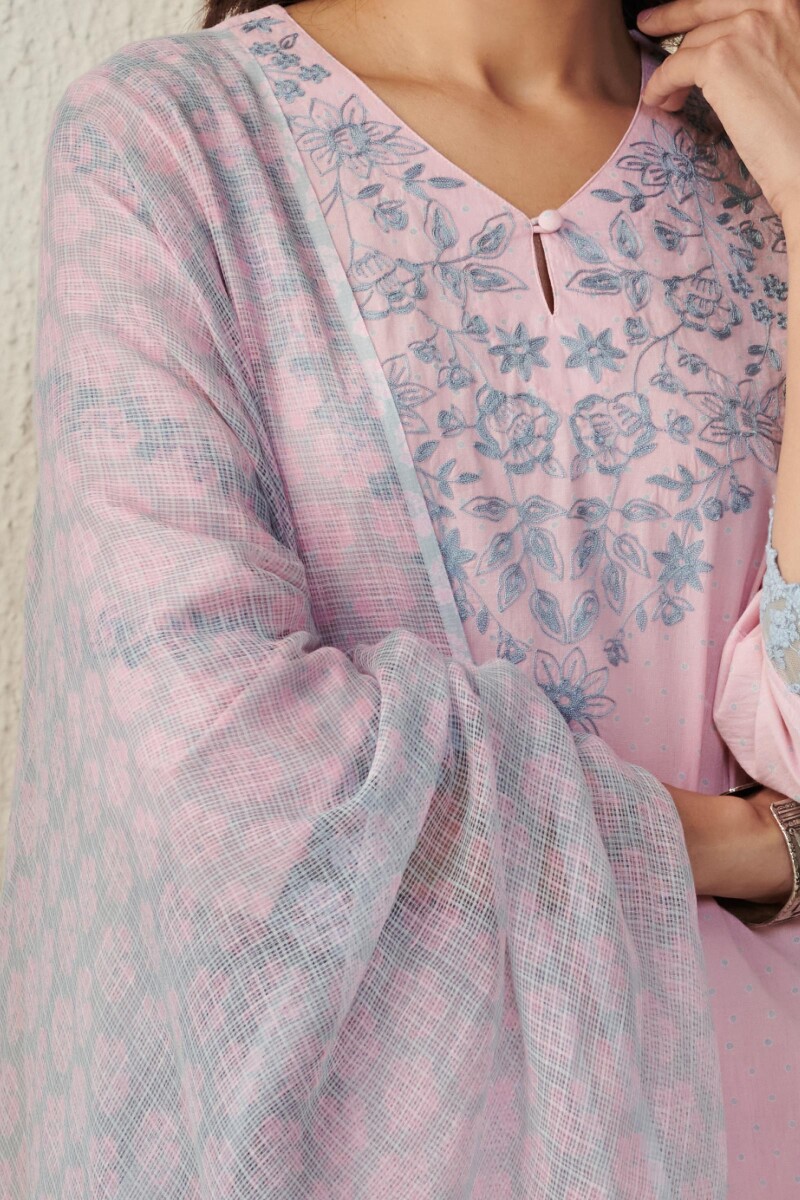 Grey Block Printed Kota Dupatta