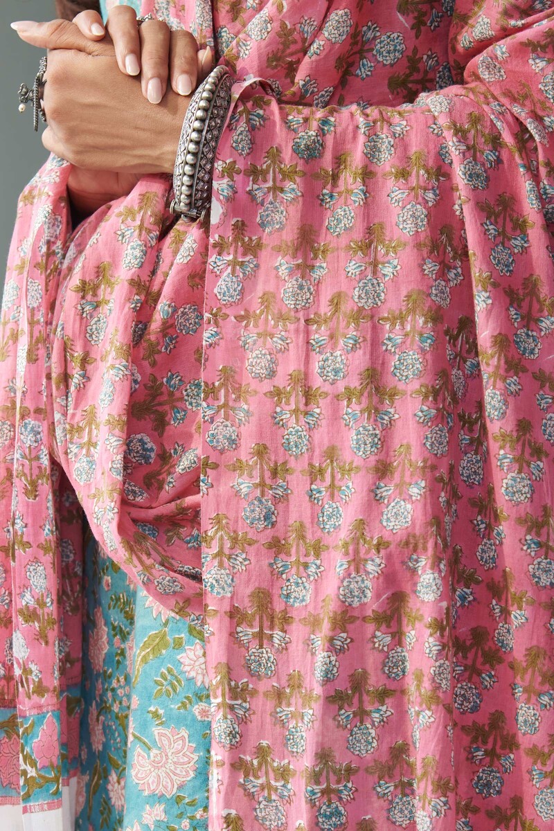 Pink Block Printed Cotton Dupatta