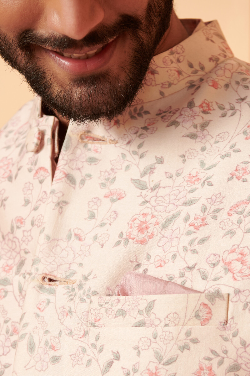 Pink Hand Block Printed Chanderi Nehru Jacket