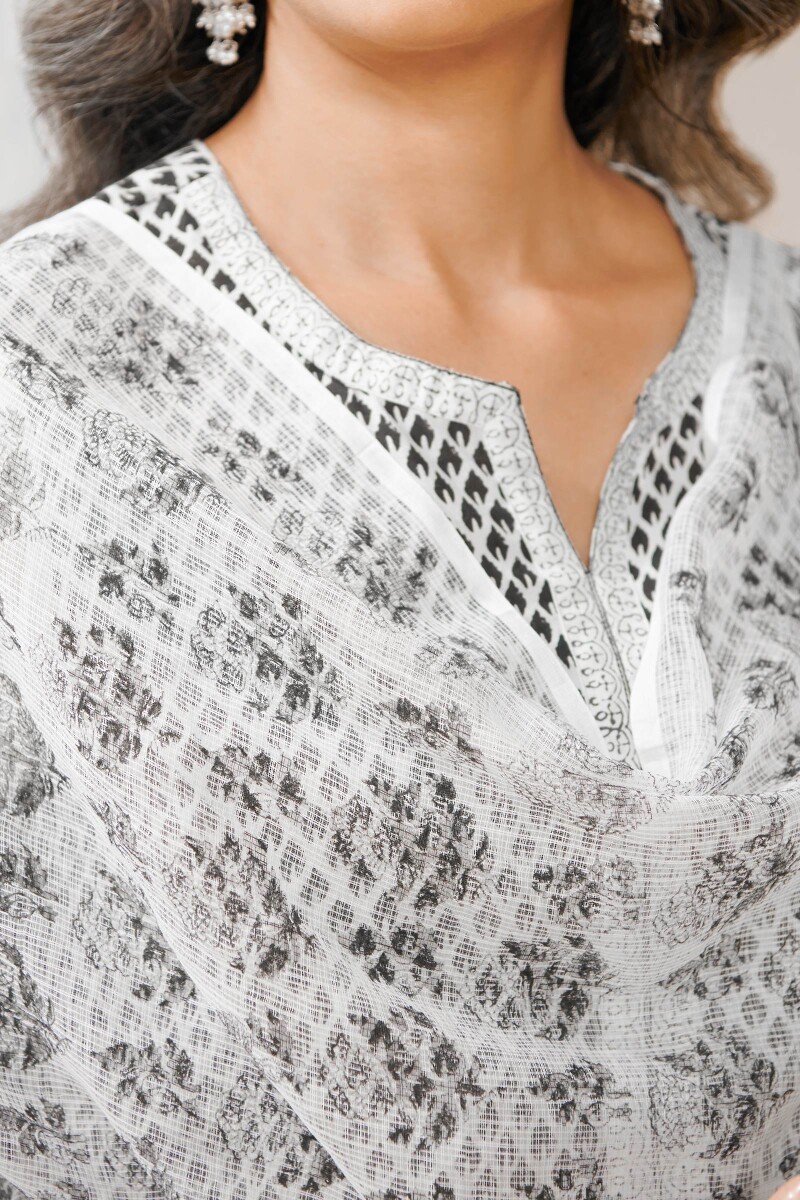 White Hand Block Printed Kota Dupatta