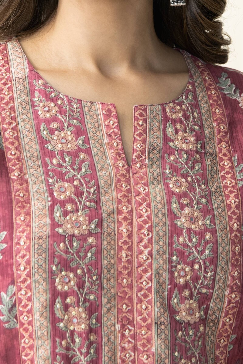Maroon Hand Block Printed Straight Cotton Kurta
