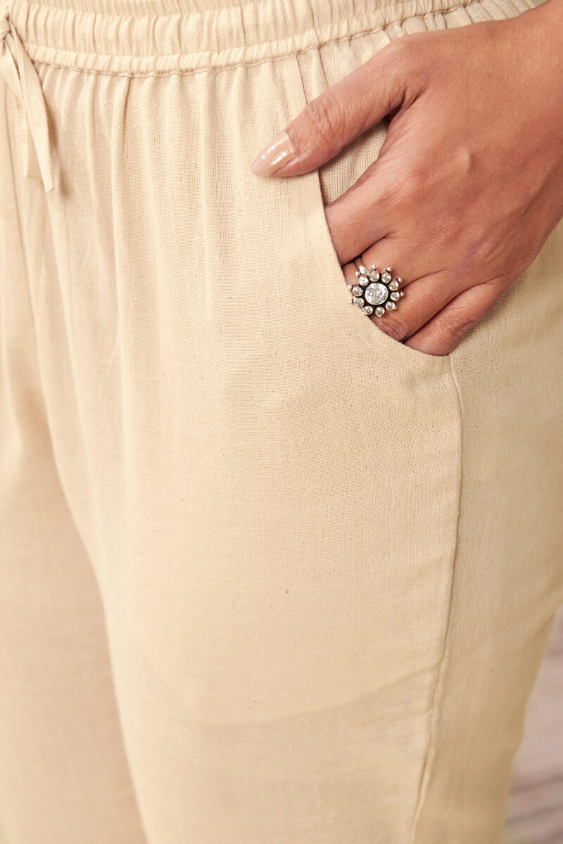 Beige Handcrafted Cotton Narrow Pants
