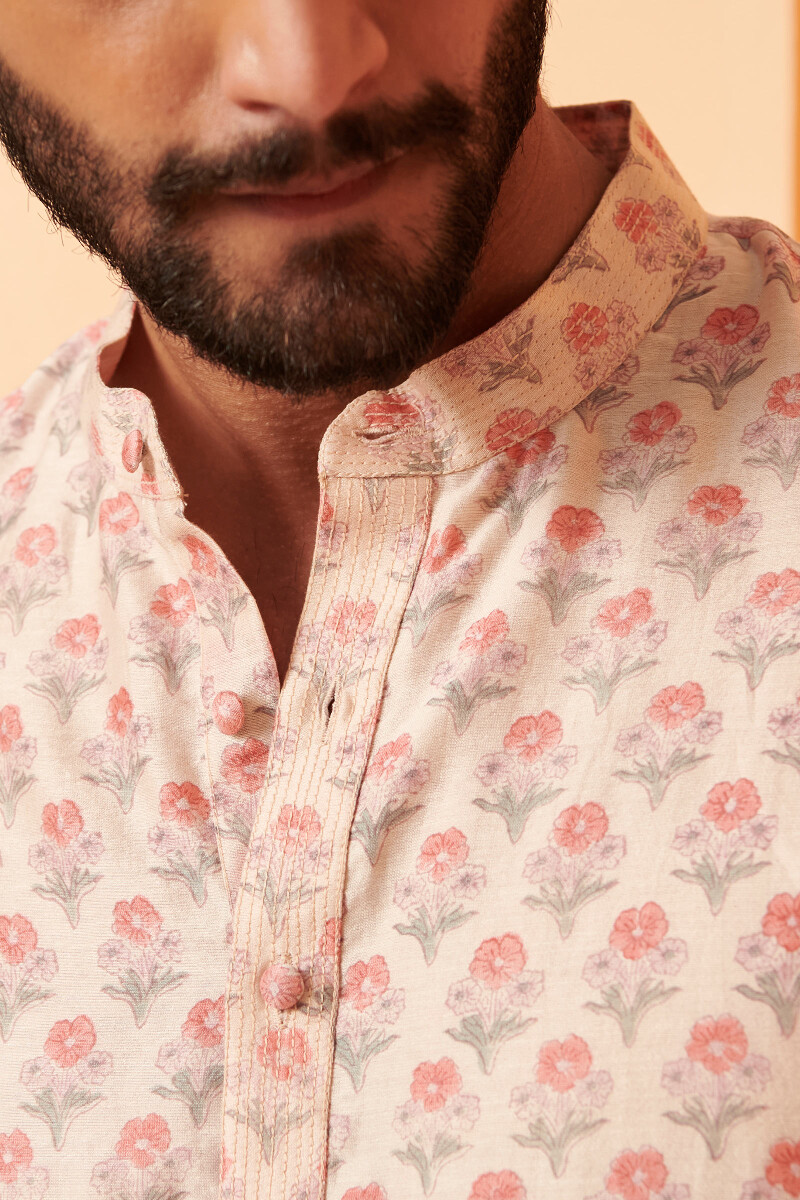 Off-White Hand Block Printed Chanderi Kurta