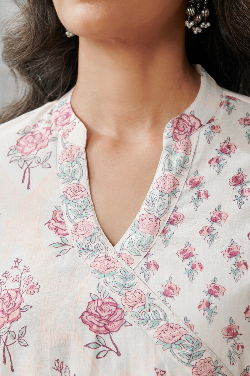 White Hand Block Printed Angrakha Cotton Kurta