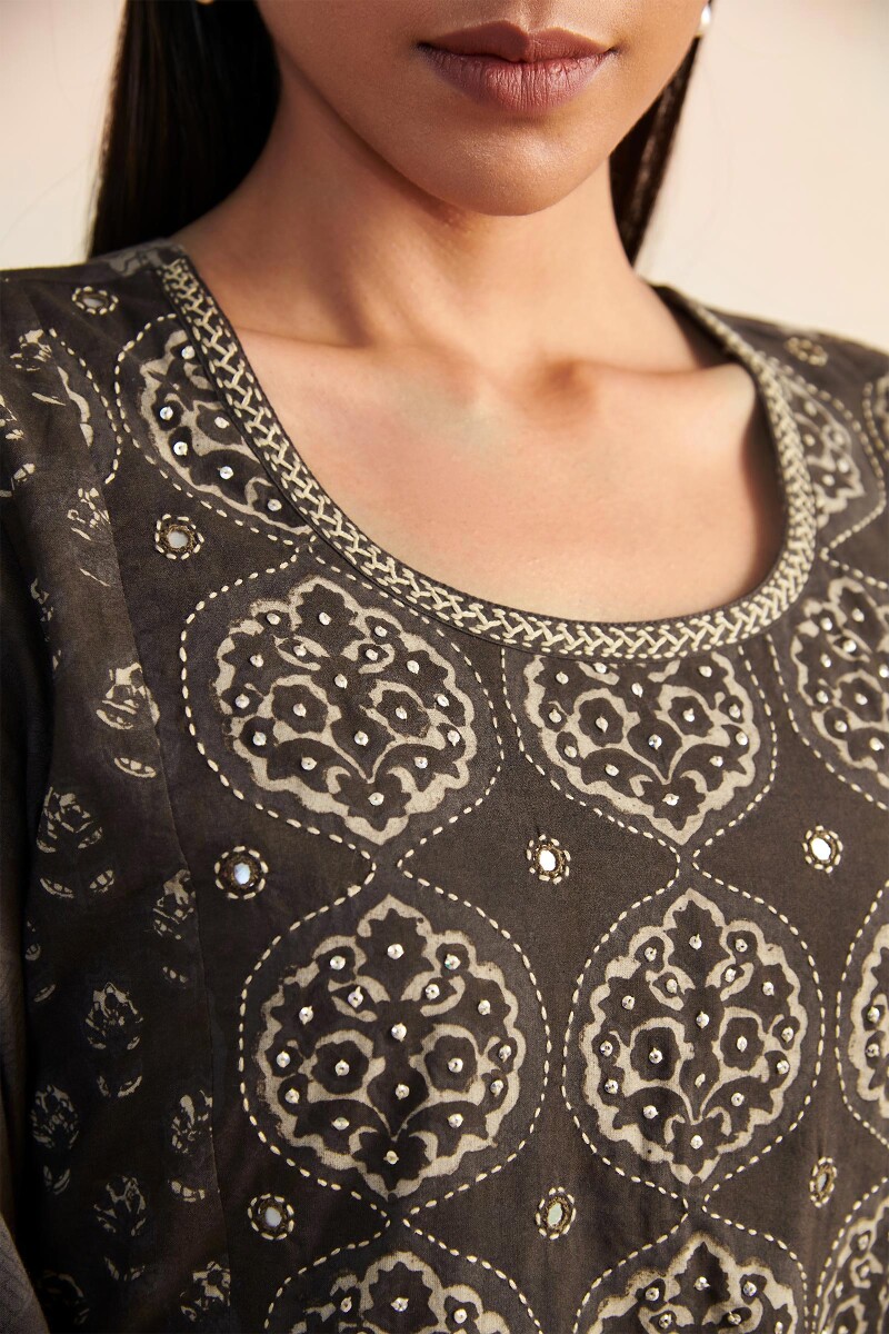 Brown Hand Block Printed Straight Cotton Kurta