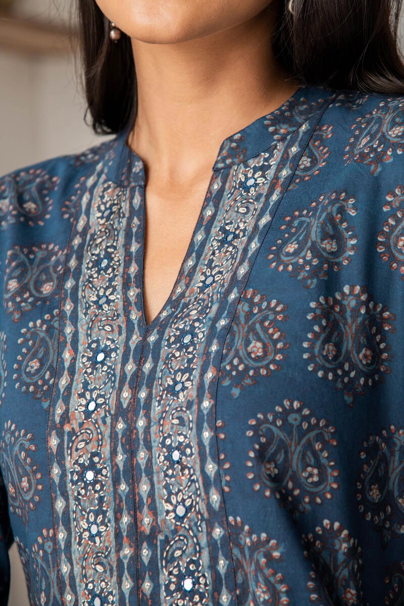 Indigo Hand Block Printed Straight Cotton Kurta