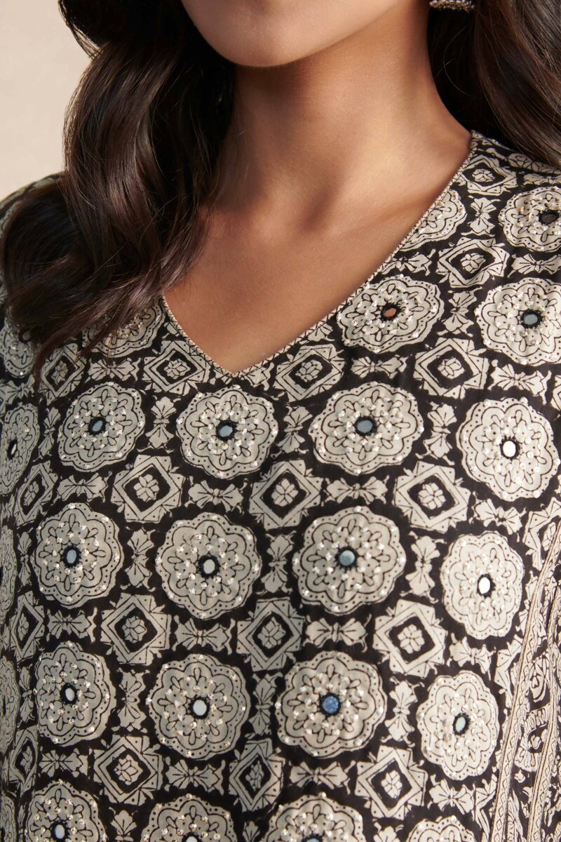 Black Hand Block Printed Straight Modal Kurta