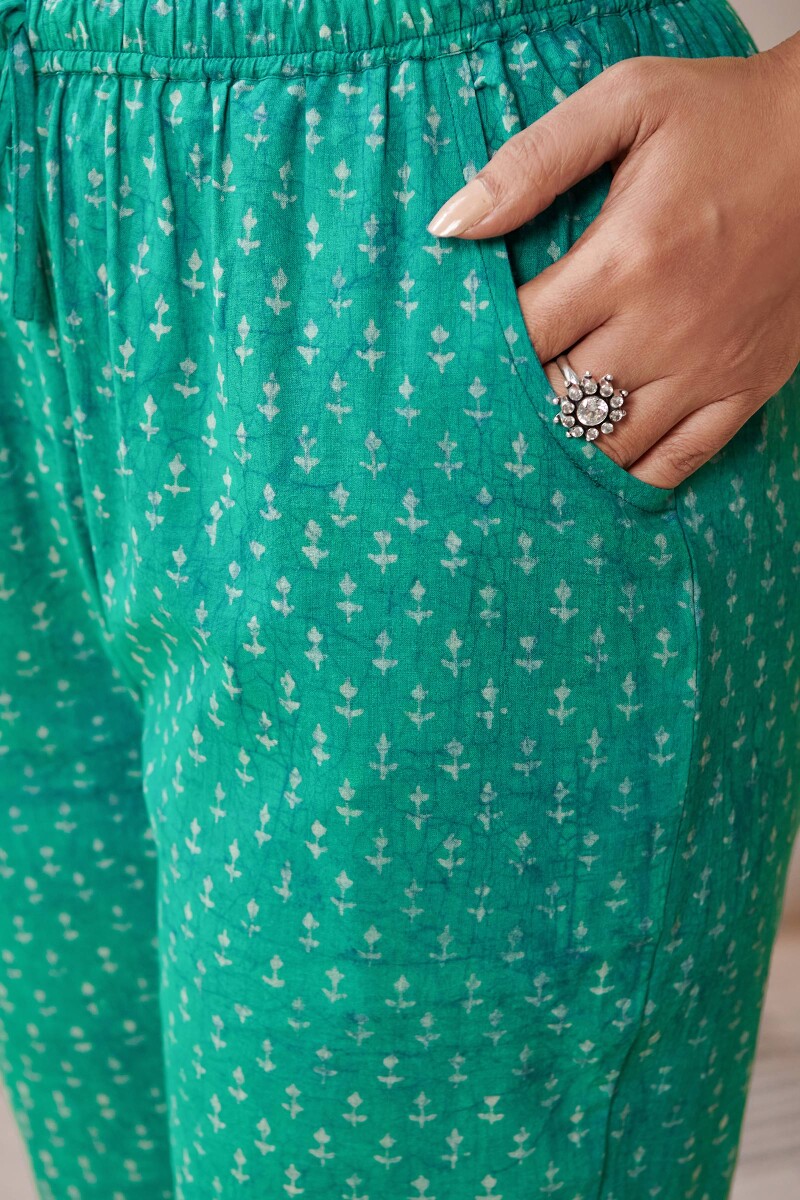 Green Hand Block Printed Cotton Narrow Pants