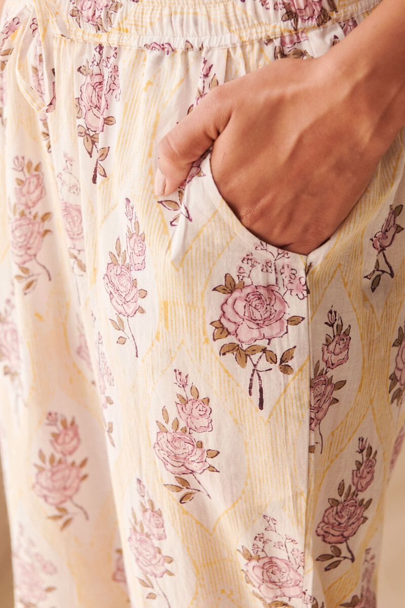 Yellow Hand Block Printed Cotton Narrow Pants