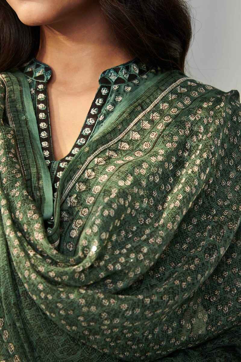 Green Hand Block Printed Kota Dupatta