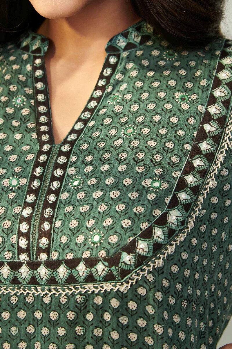Green Hand Block Printed Straight Cotton Kurta