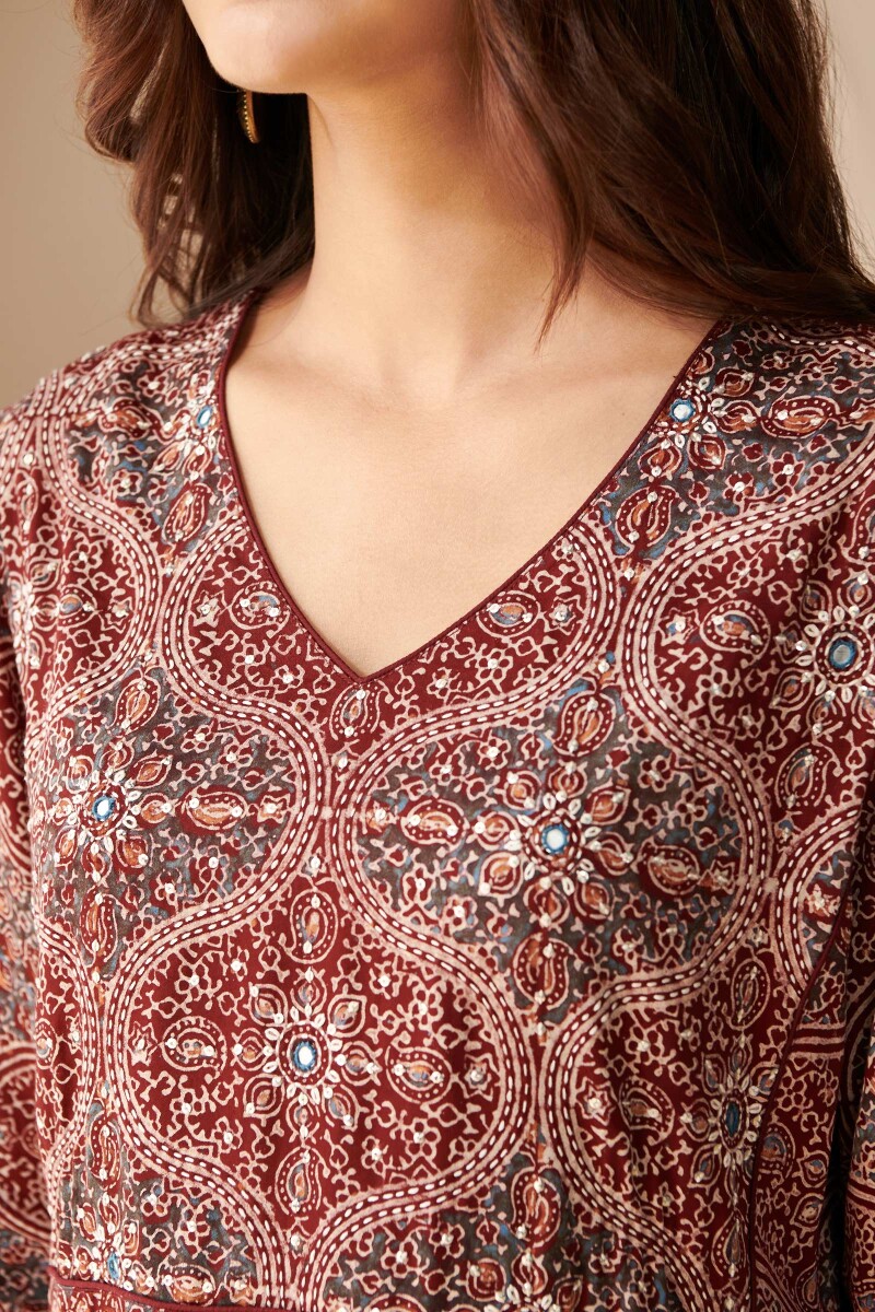 Ajrak Hand Block Printed Straight Modal Satin Kurta