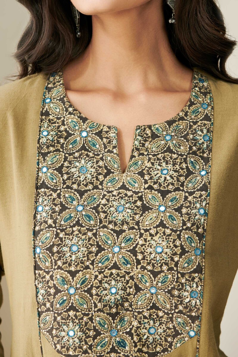 Olive Green Hand Block Printed Straight Handloom Kurta
