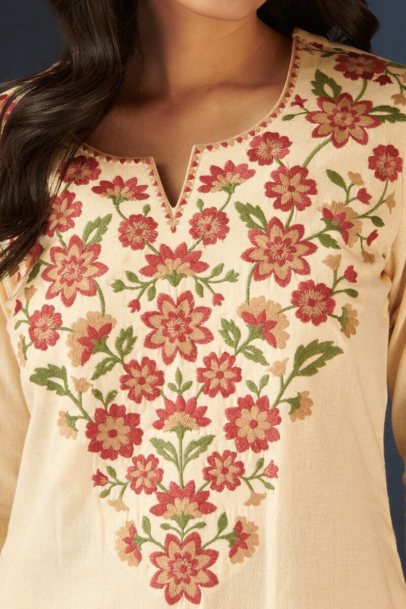 Cream Handcrafted Straight Cotton Flax Kurta