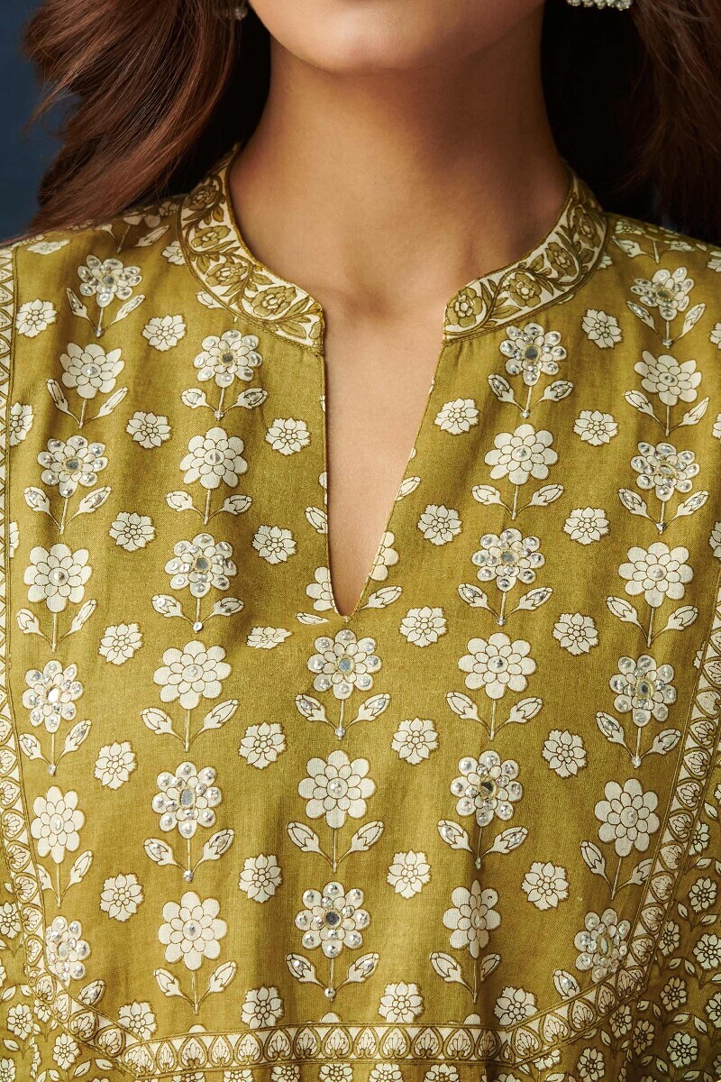 Green Hand Printed Straight Cotton Kurta