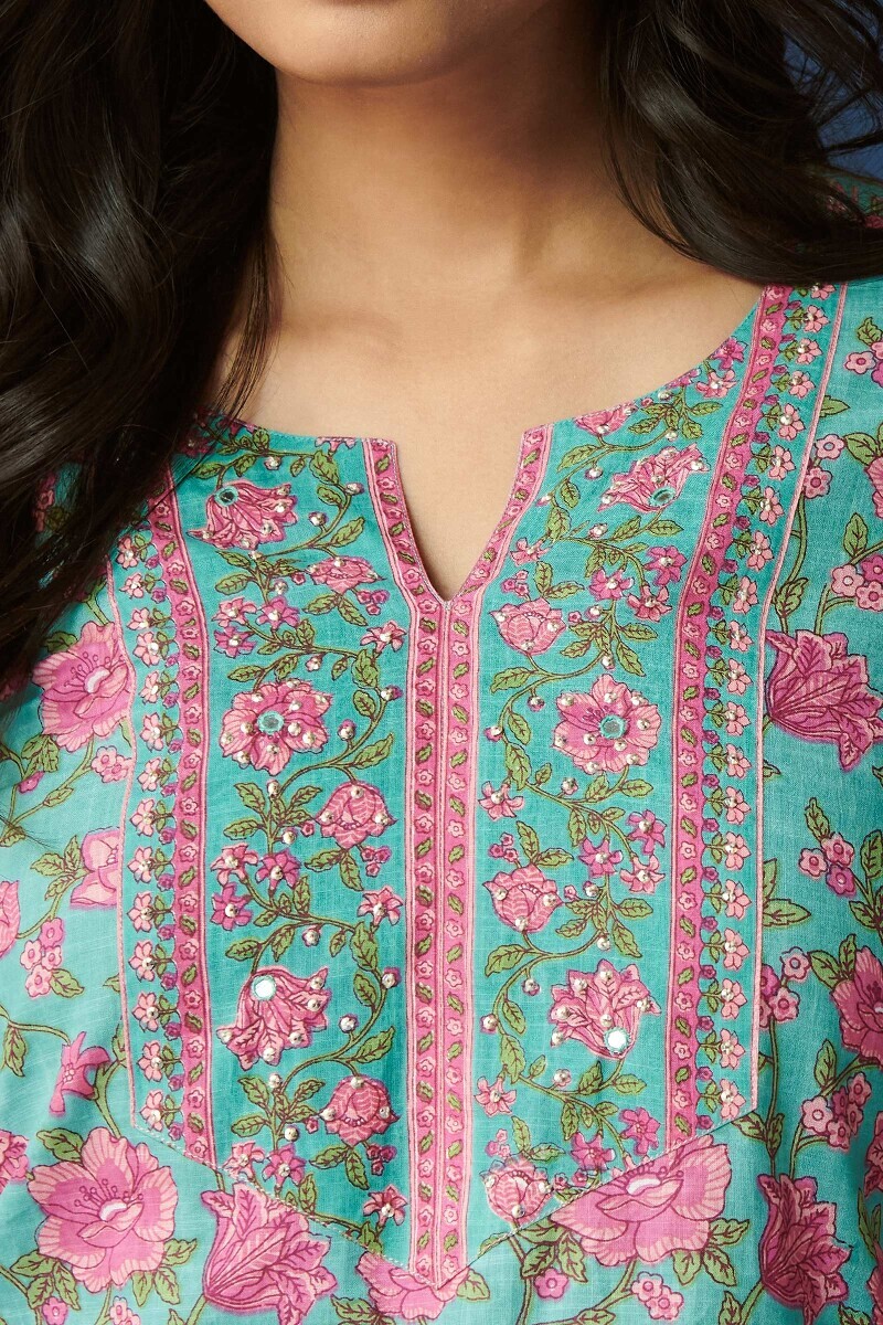 Blue Hand Printed Cotton Slub Top