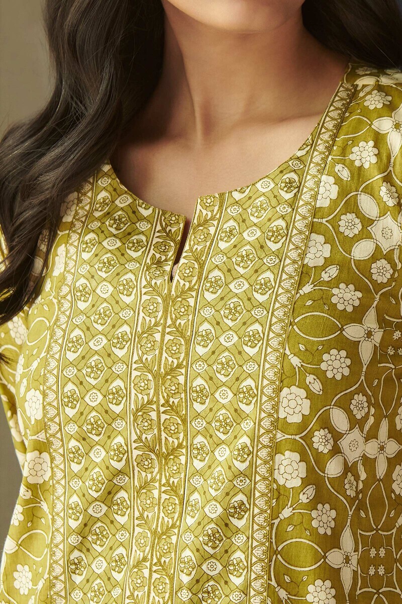 Green Hand Printed Cotton Kaftan