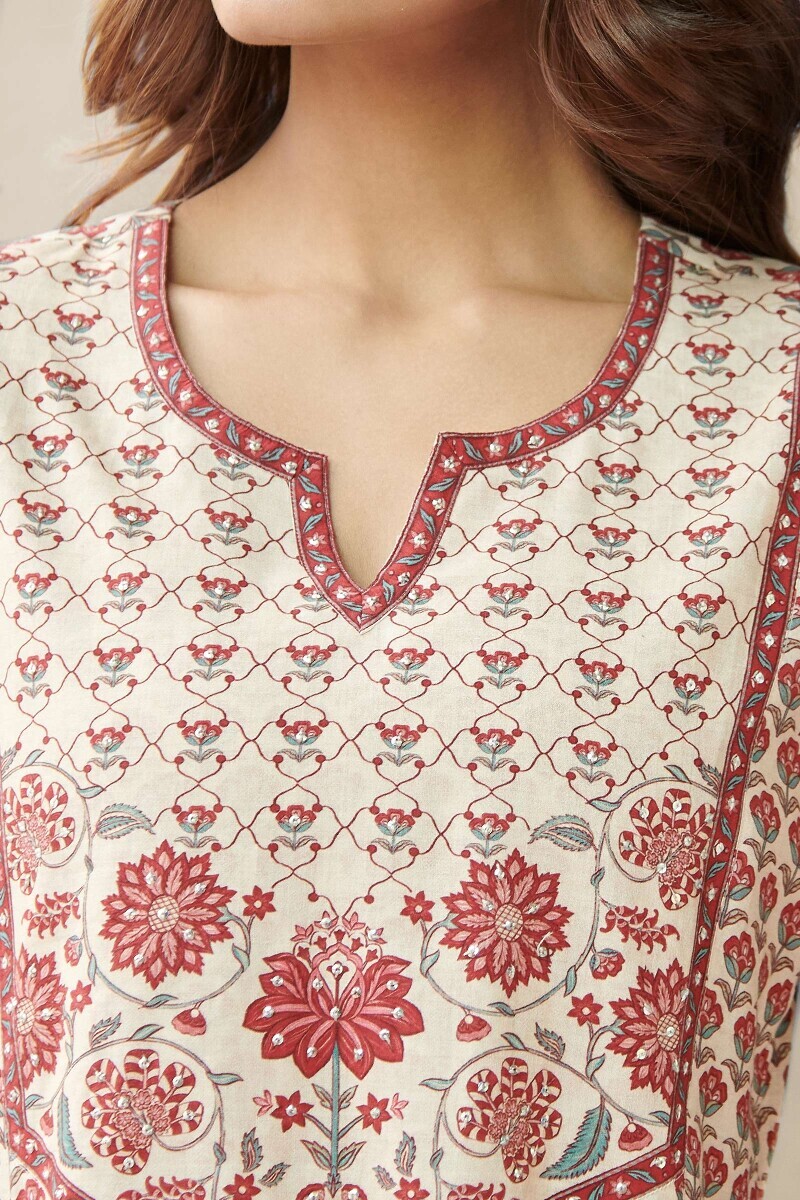 Cream Printed Straight Cotton Kurta