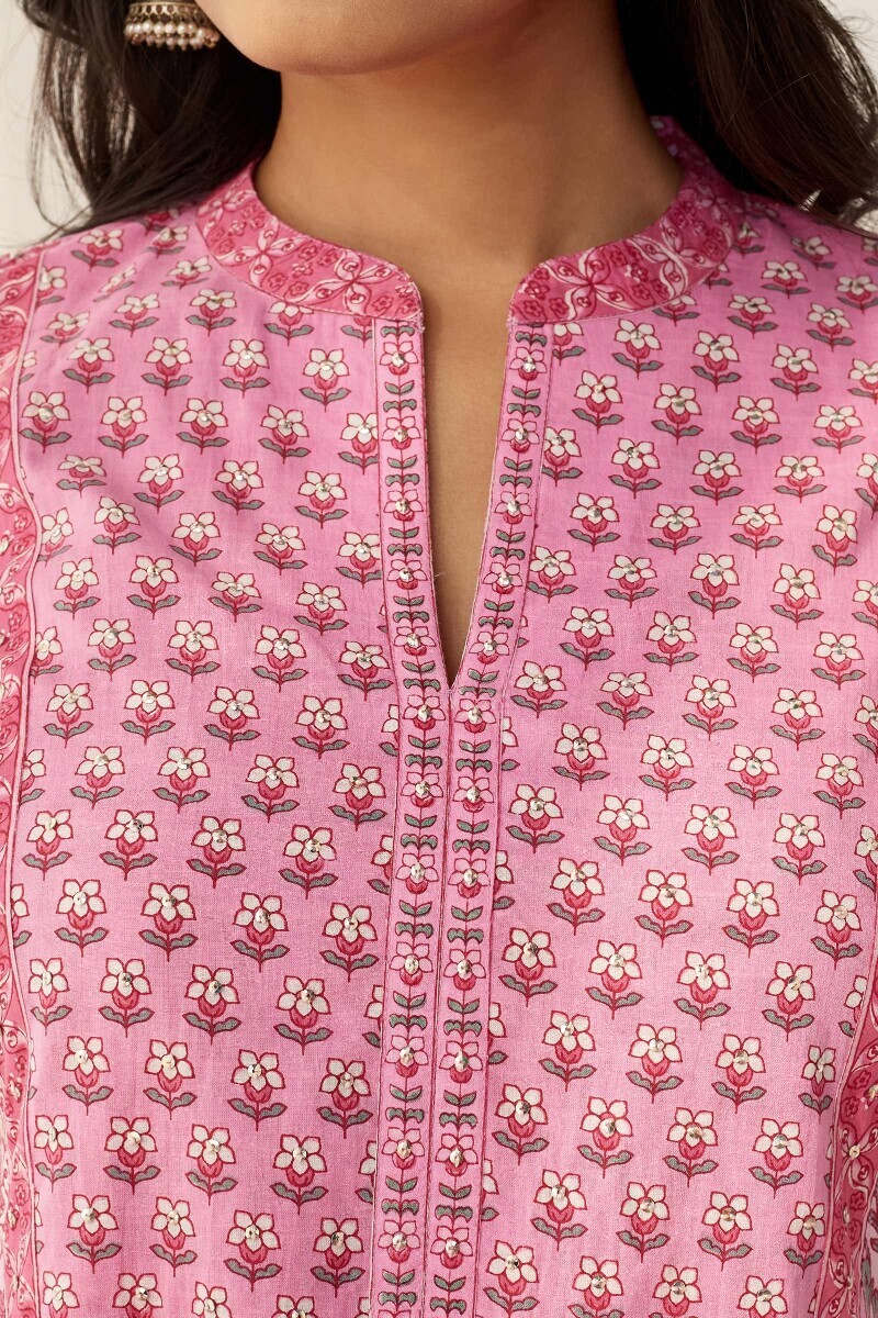 Pink Hand Printed Straight Cotton Kurta