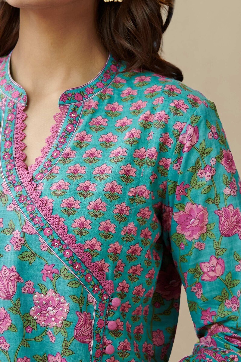 Blue Hand Printed Angrakha Cotton Slub Kurta