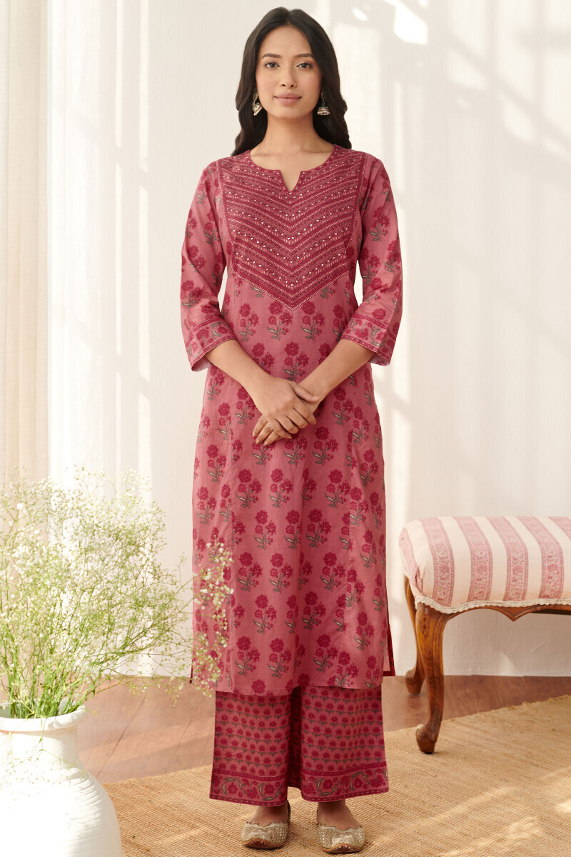 Pink Printed Straight Cotton Kurta