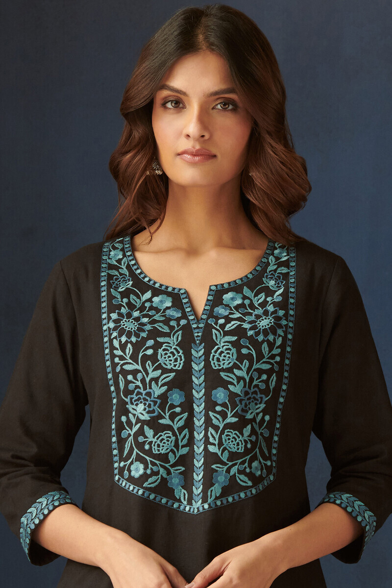 Black Handcrafted Straight Cotton Flax Kurta