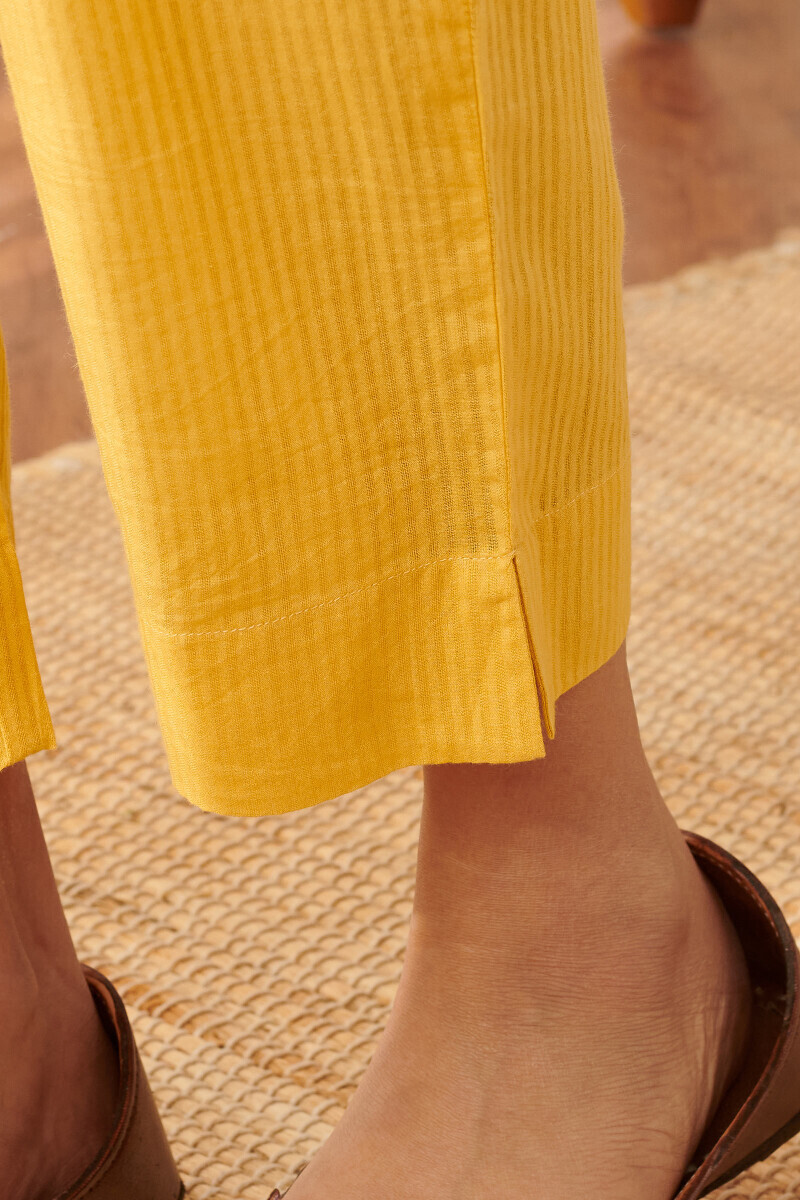 Yellow Handcrafted Cotton Dobby Narrow Pants