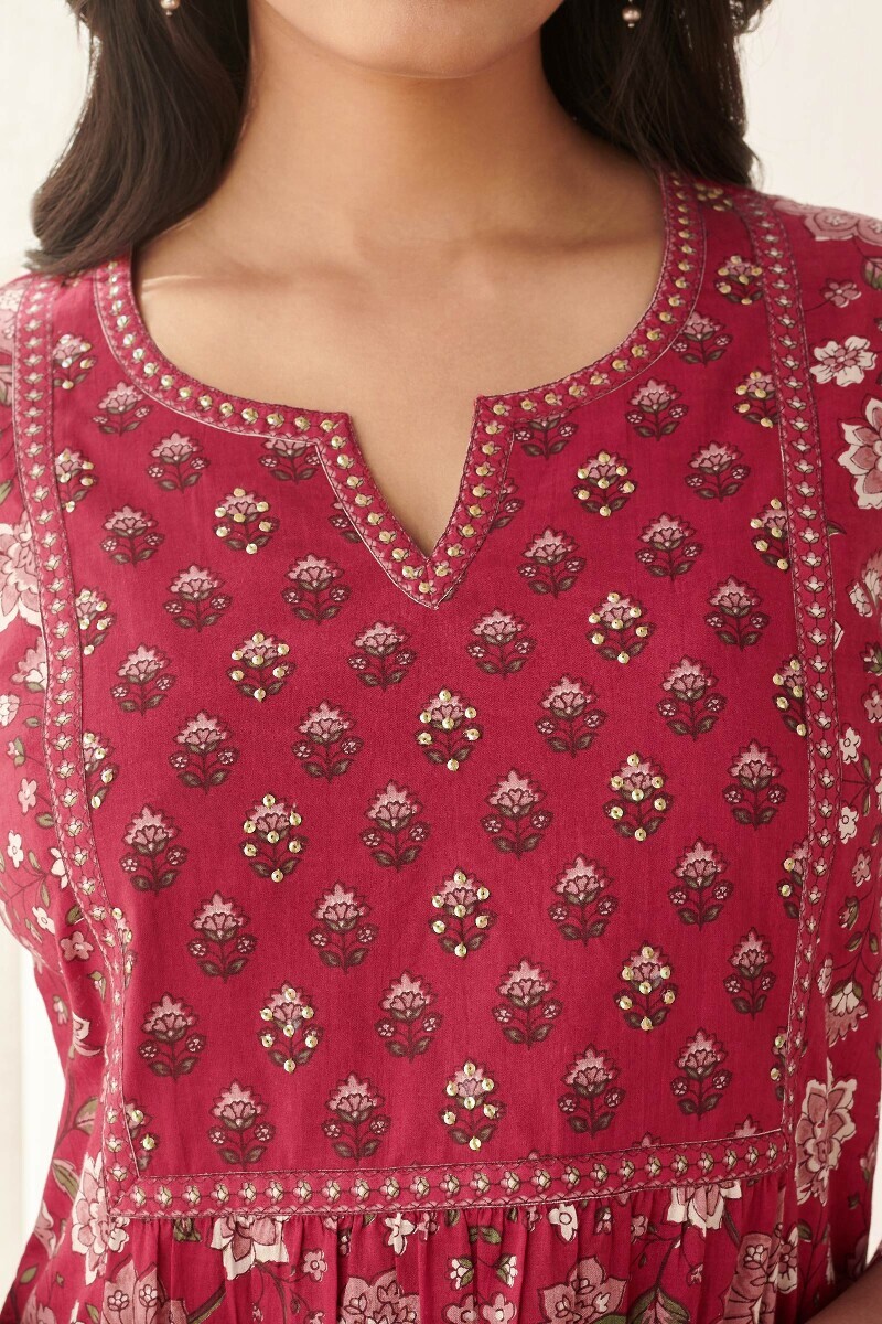 Red Hand Printed A-Line Cotton Kurta