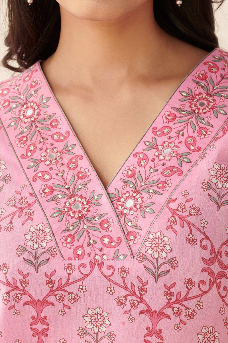Pink Hand Printed Straight Cotton Kurta