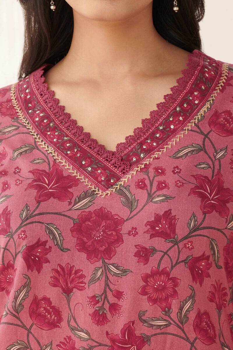Pink Printed Straight Cotton Kurta